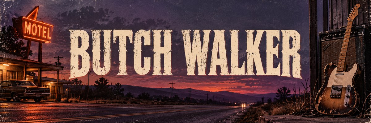 Butch Walker banner with purple dusk and vintage rock imagery